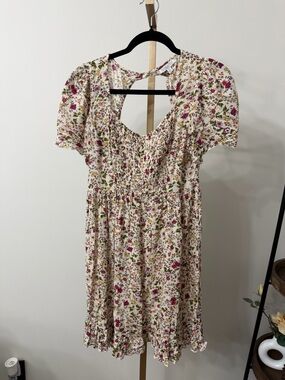 Patrons of Peace Cream Floral Mini Dress with Pink & Green Accents